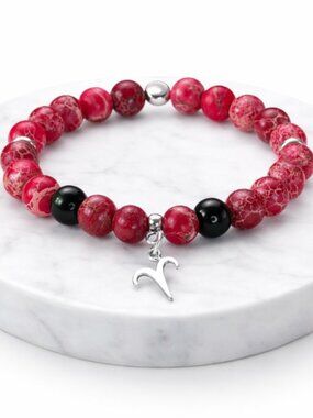 Aries Red Jasper Crystal Bracelet Silver Zodiac Charm Beaded Stretch Jewelry